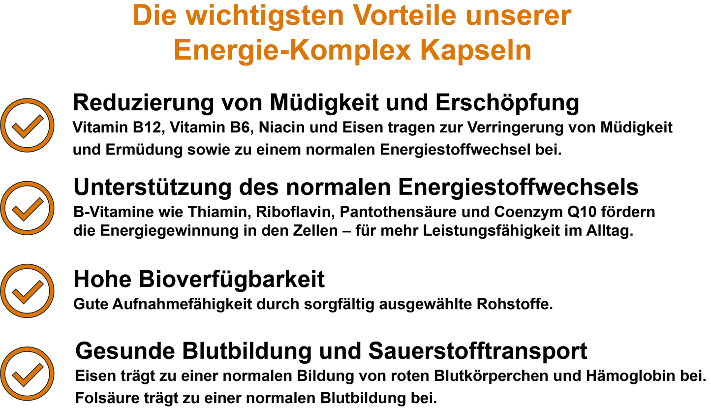 Energie-Komplex – Mit allen 8 B-Vitaminen, Magnesium, Eisen und Coenzym Q10 | 30, 60, 2×60, 3×60 vegane Kapseln