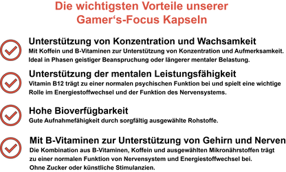 Gamer's-Focus – Mit Koffein, Magnesium, Coenzym Q10, Vitamin B3 (Niacin), Zink und Vitamin B12 | 30, 60, 2×60, 3×60 vegane Kapseln