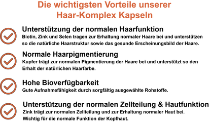 Haar-Komplex – Mit Kupfer, Zink, Selen und Biotin (Vitamin B7) | 30, 60, 2×60, 3×60 vegane Kapseln