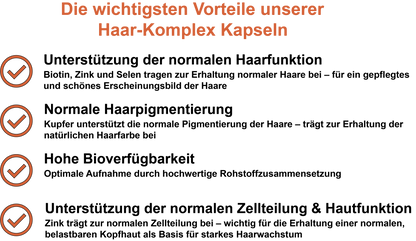 Haar-Komplex / Mit Kupfer, Zink, Selen und Biotin (Vitamin B7) (30, 60, 2x60, 3x60 Vegane Kapseln)