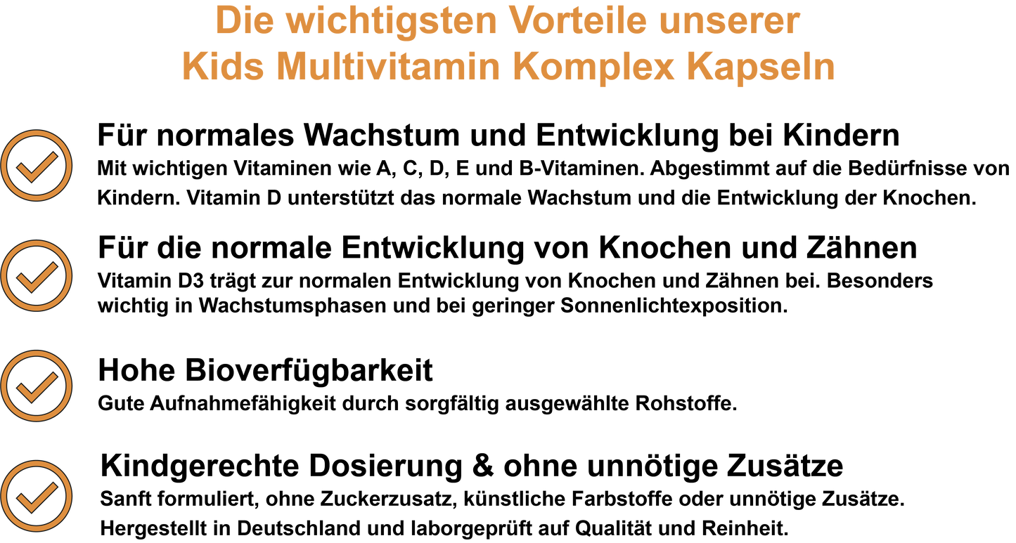 Kids Multivitamin Komplex – Mit Vitamin A, Vitamin D3, Vitamin E, Vitamin C und B-Vitaminen | 30, 60, 2×60, 3×60 vegane Kapseln