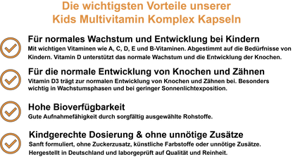 Kids Multivitamin Komplex – Mit Vitamin A, Vitamin D3, Vitamin E, Vitamin C und B-Vitaminen | 30, 60, 2×60, 3×60 vegane Kapseln