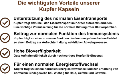 Kupfer – Hochdosiert 2 mg pro Tagesdosis | 30, 60, 2×60, 3×60 vegane Kapseln
