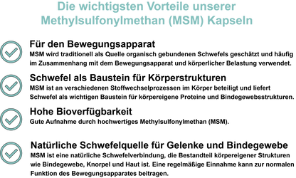 Methylsulfonylmethan (MSM) / Hochdosiert 1000 mg pro Tagesdosis (30, 60, 2x60, 3x60 Vegane Kapseln)