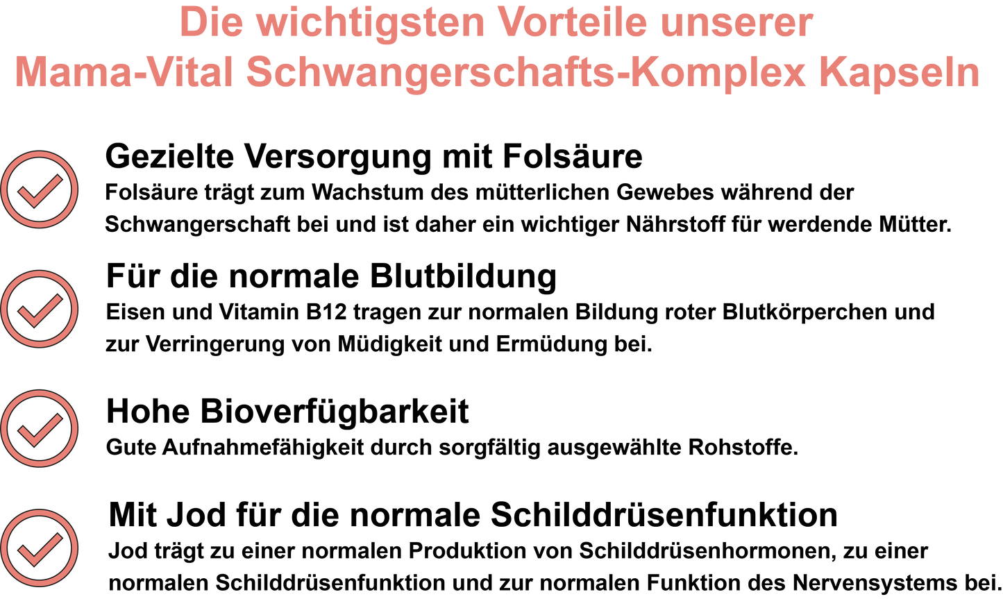 Mama-Vital Schwangerschafts-Komplex – Mit Folsäure, Eisen, Jod, Biotin, Vitamin B12 und Vitamin D3 | 30, 60, 2×60, 3×60 vegane Kapseln