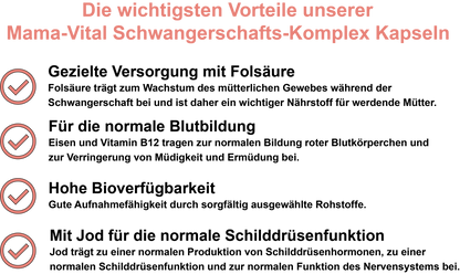Mama-Vital Schwangerschafts-Komplex – Mit Folsäure, Eisen, Jod, Biotin, Vitamin B12 und Vitamin D3 | 30, 60, 2×60, 3×60 vegane Kapseln