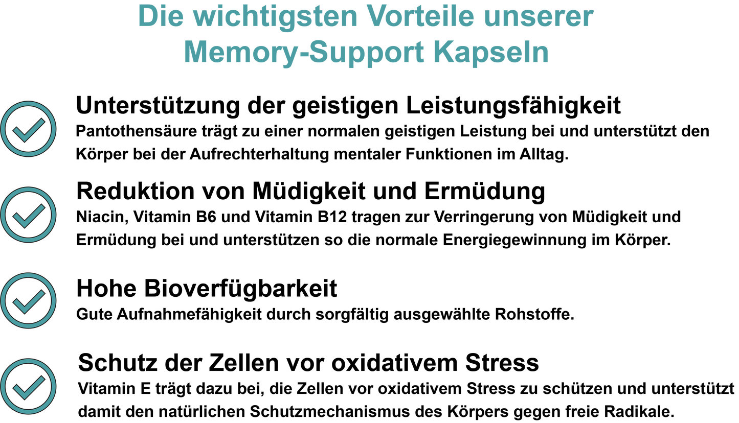 Memory-Support – Mit allen 8 B-Vitaminen, Vitamin E und Jod  | 30, 60, 2×60, 3×60 vegane Kapseln