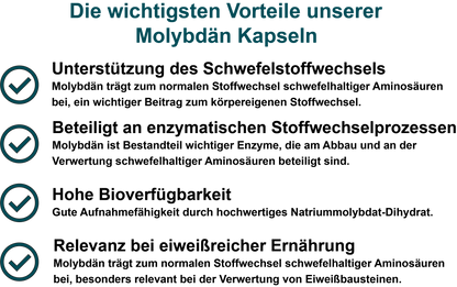 Molybdän – Hochdosiert 250 µg pro Tagesdosis | 30, 60, 2×60, 3×60 vegane Kapseln