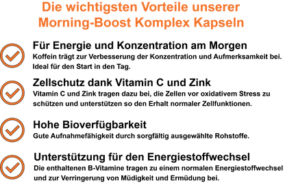 Morning-Boost Komplex – Mit Koffein, B-Vitaminen, Vitamin C und Zink | 30, 60, 2×60, 3×60 vegane Kapseln