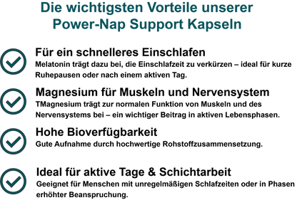 Power-Nap Support / Mit Melatonin und Magnesium (30, 60, 2x60, 3x60 Vegane Kapseln)