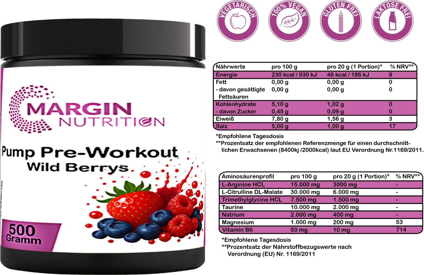 Pump Pre-Workout Wild Berrys – Pump-Booster für intensives Training | 250 g, 500 g, 2×500 g, 4×500 g