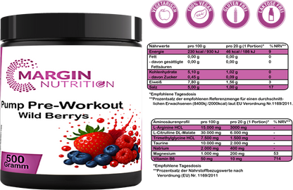 Pump Pre-Workout Wild Berrys – Pump-Booster für intensives Training | 250 g, 500 g, 2×500 g, 4×500 g
