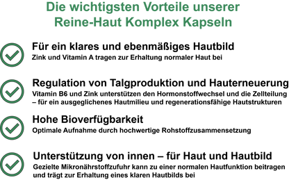 Reine-Haut Komplex / Mit Vitamin A, Vitamin B2 (Riboflavin), Vitamin B6, Zink und Selen (30, 60, 2x60, 3x60 Vegane Kapseln)