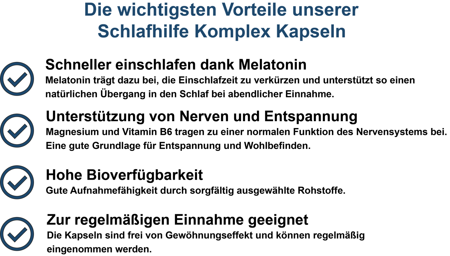 Schlafhilfe Komplex – Mit Melatonin, Magnesium, Ashwagandha und Vitamin B6 | 30, 60, 2×60, 3×60 vegane Kapseln