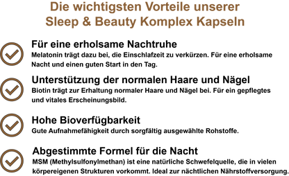 Sleep & Beauty Komplex – Mit Melatonin, Vitamin C, MSM und Vitamin B7 (Biotin) | 30, 60, 2×60, 3×60 vegane Kapseln