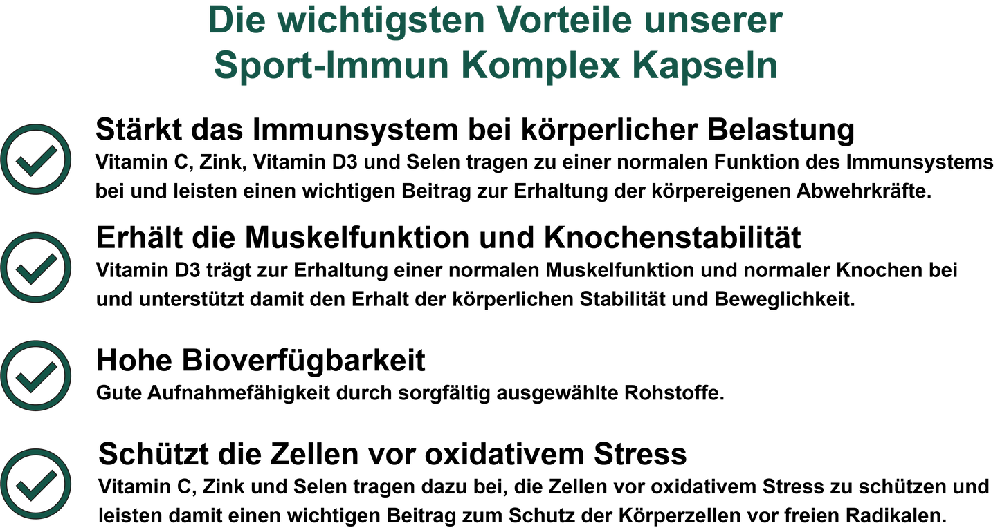 Sport-Immun Komplex – Mit Magnesium, Vitamin C, Zink, Vitamin D3 und Selen | 30, 60, 2×60, 3×60 vegane Kapseln