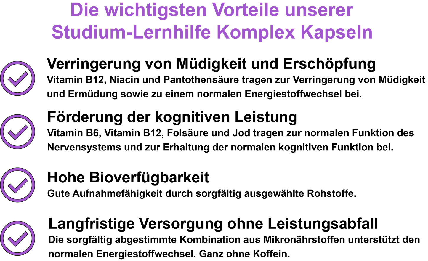 Studium-Lernhilfe Komplex – Mit allen 8 B-Vitaminen, Vitamin C, Jod und Coenzym Q10 | 30, 60, 2×60, 3×60 vegane Kapseln