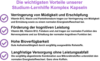 Studium-Lernhilfe Komplex – Mit allen 8 B-Vitaminen, Vitamin C, Jod und Coenzym Q10 | 30, 60, 2×60, 3×60 vegane Kapseln