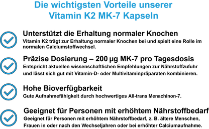 Vitamin K2 MK-7 – Hochdosiert 200 µg pro Tagesdosis | 30, 60, 2×60, 3×60 vegane Kapseln