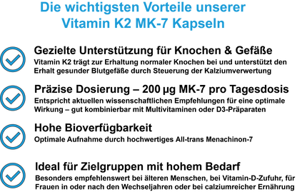 Vitamin K2 MK-7 / Hochdosiert 200 µg pro Tagesdosis (30, 60, 2x60, 3x60 Vegane Kapseln)