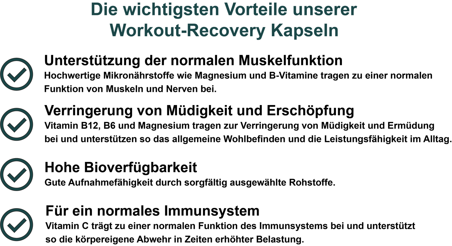 Workout-Recovery – Mit allen 8 B-Vitaminen, Magnesium, Vitamin C, MSM und Oligomere Proanthocyanidine (OPC) | 30, 60, 2×60, 3×60 vegane Kapseln