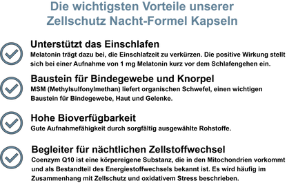 Zellschutz Nacht-Formel – Mit Melatonin, MSM, Coenzym Q10 und Vitamin C | 30, 60, 2×60, 3×60 vegane Kapseln