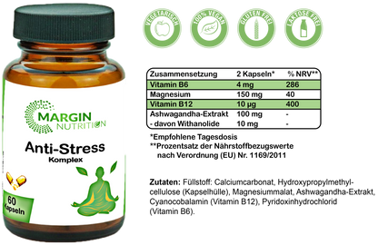 Anti-Stress Komplex / Mit Vitamin B12, Magnesium, Ashwagandha und Vitamin B6 (30, 60, 2x60, 3x60 Vegane Kapseln)