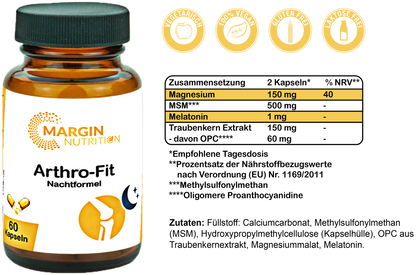Arthro-Fit Nachtformel / Mit Magnesium, MSM, Melatonin und Oligomere Proanthocyanidine (OPC) (30, 60, 2x60, 3x60 Vegane Kapseln)