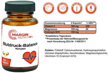 Blutdruck-Balance Komplex / Mit Coenzym Q10, Magnesium und Vitamin C (30, 60, 2x60, 3x60 Vegane Kapseln)