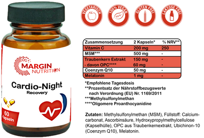 Cardio-Night Recovery / Mit Vitamin C, MSM, Coenzym Q10, Oligomere Proanthocyanidine (OPC) und Melatonin (30, 60, 2x60, 3x60 Vegane Kapseln)