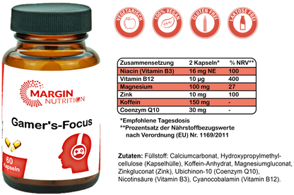 Gamer's-Focus / Mit Koffein, Magnesium, Coenzym Q10, Vitamin B3 (Niacin), Zink und Vitamin B12 (30, 60, 2x60, 3x60 Vegane Kapseln)