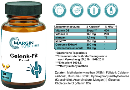Gelenk-Fit Formel / Mit MSM, Curcuma, Vitamin D3, Vitamin C und Mangan (30, 60, 2x60, 3x60 Vegane Kapseln)