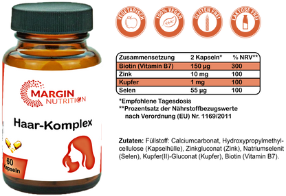 Haar-Komplex / Mit Kupfer, Zink, Selen und Biotin (Vitamin B7) (30, 60, 2x60, 3x60 Vegane Kapseln)