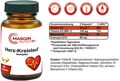 Herz-Kreislauf Komplex / Mit Magnesium, Vitamin D3, Vitamin K2 und Coenzym Q10 (30, 60, 2x60, 3x60 Vegane Kapseln)