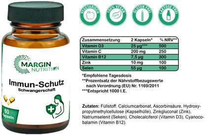 Immun-Schutz Schwangerschaft / Mit Vitamin C, Vitamin D3, Zink, Selen und Vitamin B12 (30, 60, 2x60, 3x60 Vegane Kapseln)