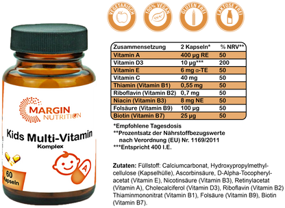 Kids Multivitamin Komplex / Mit Vitamin A, Vitamin D3, Vitamin E, Vitamin C und B-Vitaminen (30, 60, 2x60, 3x60 Vegane Kapseln)