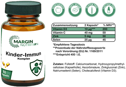 Kinder-Immun Komplex / Mit Vitamin C, Vitamin D3, Zink und Selen (30, 60, 2x60, 3x60 Vegane Kapseln)