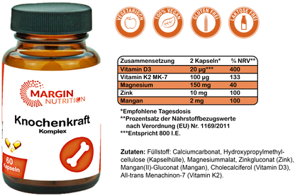Knochenkraft Komplex / Mit Vitamin D3, Vitamin K2, Magnesium, Zink und Mangan (30, 60, 2x60, 3x60 Vegane Kapseln)