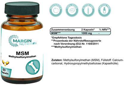 Methylsulfonylmethan (MSM) / Hochdosiert 1000 mg pro Tagesdosis (30, 60, 2x60, 3x60 Vegane Kapseln)