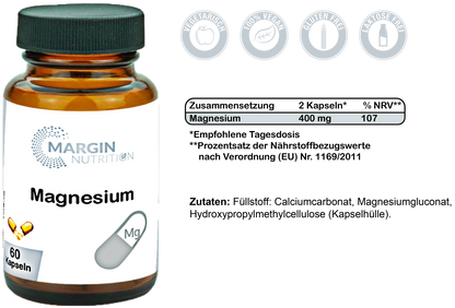 Magnesium / Hochdosiert 400 mg pro Tagesdosis (30, 60, 2x60, 3x60 Vegane Kapseln)