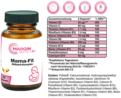 Mama-Fit Stillzeit-Komplex / Mit allen 8 B-Vitaminen, Vitamin C, Vitamin D3 und Coenzym Q10 (30, 60, 2x60, 3x60 Vegane Kapseln)
