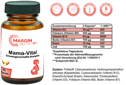 Mama-Vital Schwangerschafts-Komplex / Mit Folsäure, Eisen, Jod, Biotin, Vitamin B12 und Vitamin D3 (30, 60, 2x60, 3x60 Vegane Kapseln)