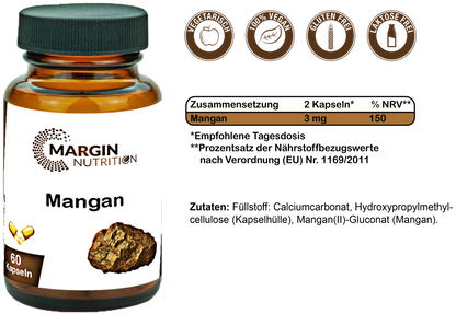 Mangan / Hochdosiert 3 mg pro Tagesdosis (30, 60, 2x60, 3x60 Vegane Kapseln)