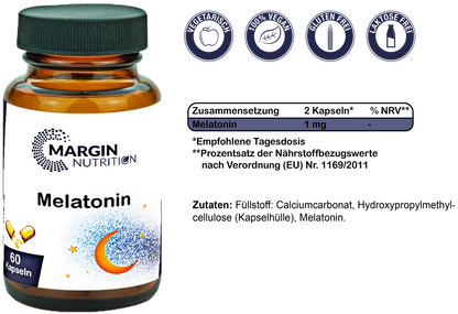 Melatonin / Mit 1 mg pro Tagesdosis (30, 60, 2x60, 3x60 Vegane Kapseln)