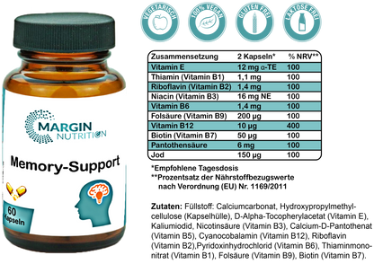 Memory-Support / Mit allen 8 B-Vitaminen, Vitamin E und Jod  (30, 60, 2x60, 3x60 Vegane Kapseln)