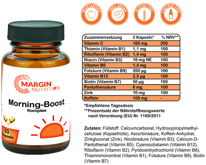 Morning-Boost Komplex / Mit Koffein, B-Vitaminen, Vitamin C und Zink (30, 60, 2x60, 3x60 Vegane Kapseln)