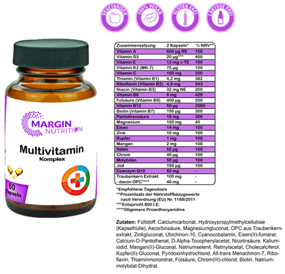 Multivitamin Komplex / Mit Vitaminen, Mineralstoffen und Pflanzenextrakten (30, 60, 2x60, 3x60 Vegane Kapseln)