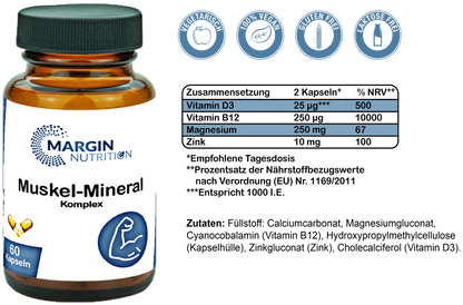 Muskel-Mineral Komplex / Mit Magnesium, Zink, Vitamin B12 und Vitamin D3 (30, 60, 2x60, 3x60 Vegane Kapseln)