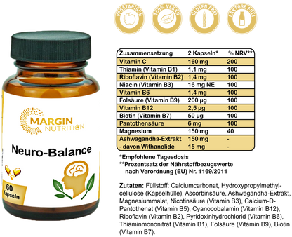 Neuro-Balance / Mit allen 8 B-Vitaminen, Ashwagandha, Magnesium und Vitamin C (30, 60, 2x60, 3x60 Vegane Kapseln)