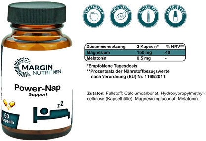 Power-Nap Support / Mit Melatonin und Magnesium (30, 60, 2x60, 3x60 Vegane Kapseln)